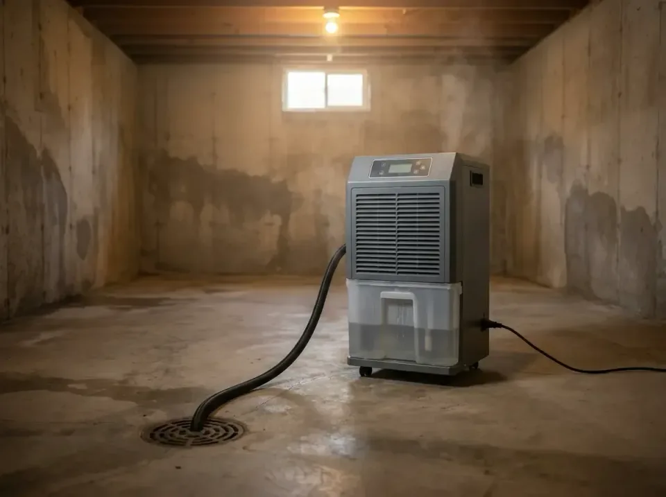Dehumidifier — Basement — Dehumidifier, Drain Hose, Floor Drain, Basement, Emergency Water Extraction & Removal in Dallas