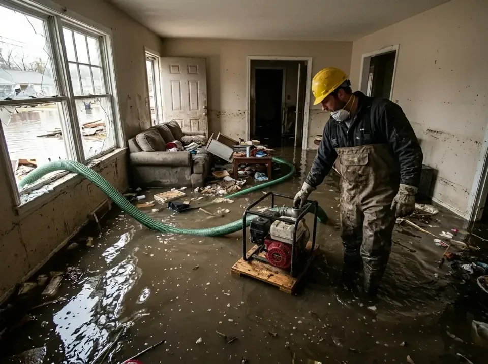 Gas-powered Water Pump — Water Damage Restoration — Gas-powered Water Pump, Suction Hose, Yellow Hard Hat, Water Damage Rest…