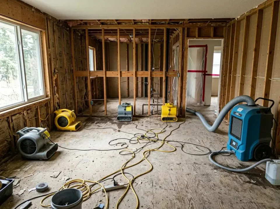 Industrial Dehumidifier — Water Damage Restoration — Industrial Dehumidifier, Air Mover Fan, Yellow Extension Cords, Water D…