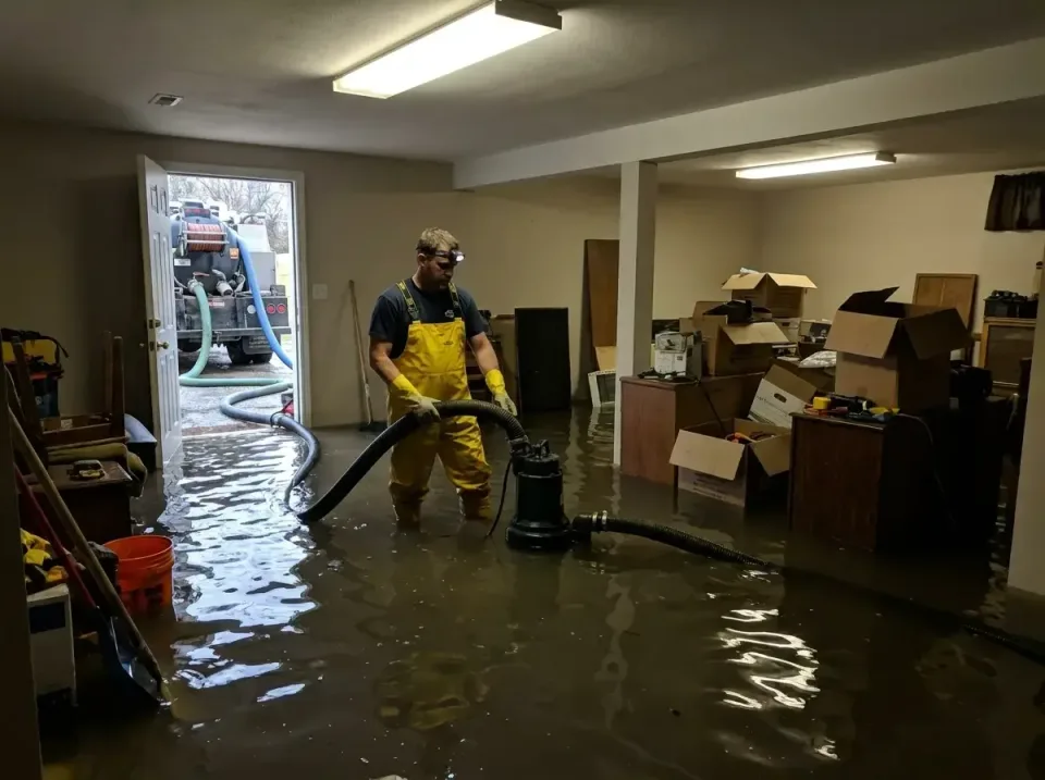 Submersible Pump — Water Damage Restoration — Submersible Pump, Vacuum Hose, Worker, Water Damage Restoration, Emergency Wat…