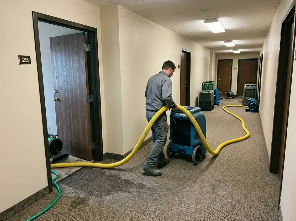 Technician — Apartment Hallway — Technician, Water Extraction Machine, Yellow Suction Hose, Apartment Hallway, Emergency Wat…