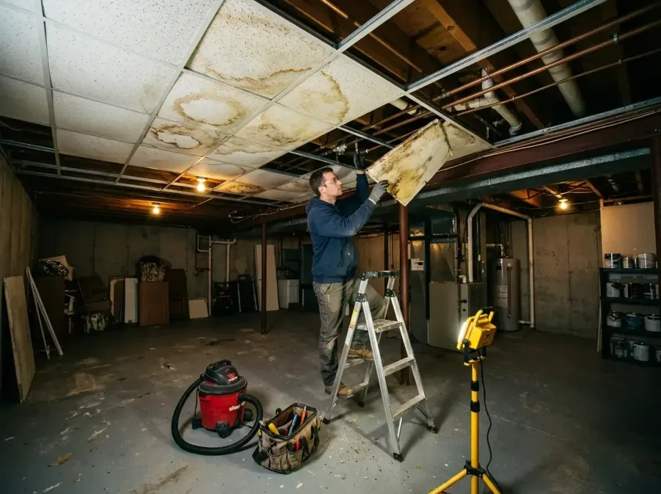 Technician — Water Damage Restoration — Technician, Stepladder, Wet-dry Vacuum, Water Damage Restoration, Emergency Water Ex…